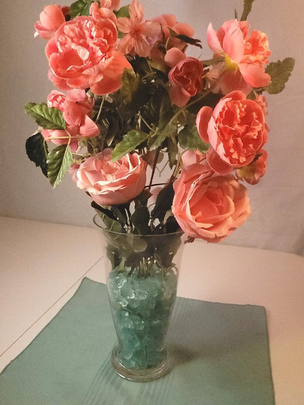 Large Pink Peony Floral Arrangement Clear Glass Vase Sea Glass Rocks 24”